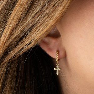 14K Yellow Gold Religious Cross Milgrain Cuban Link Huggies Earrings